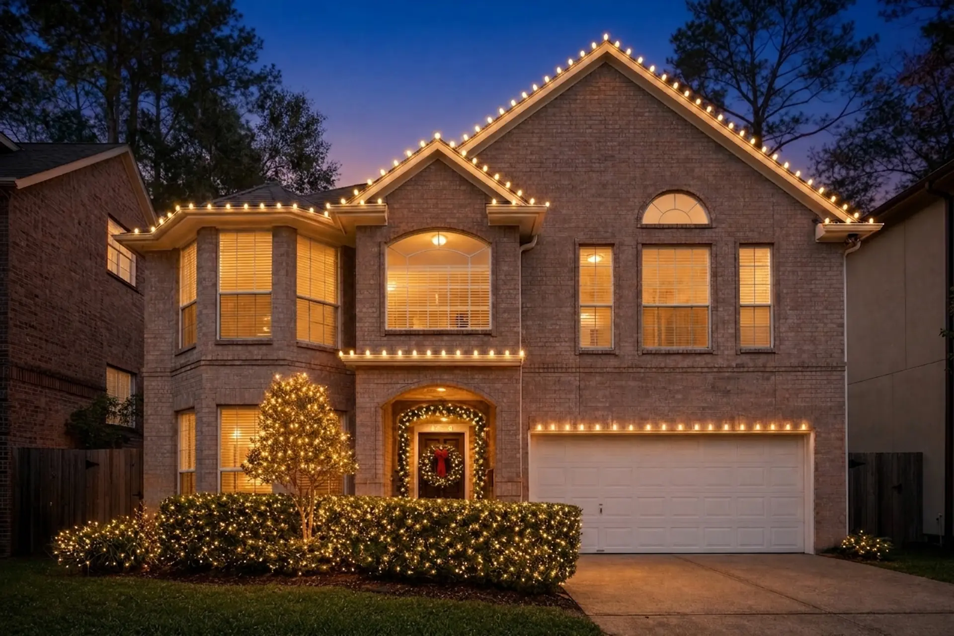 Professional Christmas lights on a home in Bellaire, Houston