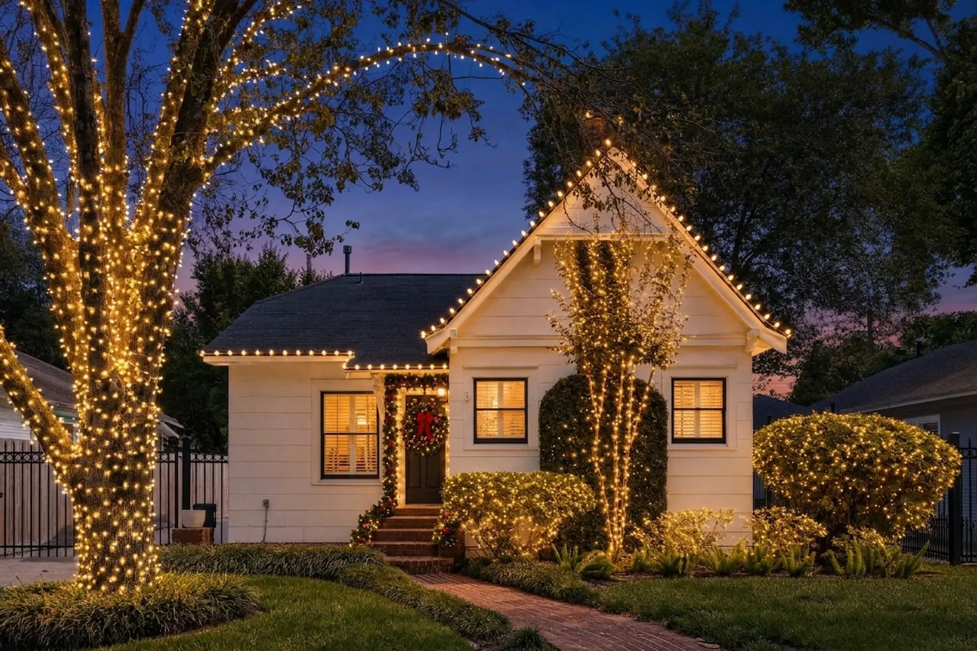 Professional Christmas lights on a historic home in the Houston Heights