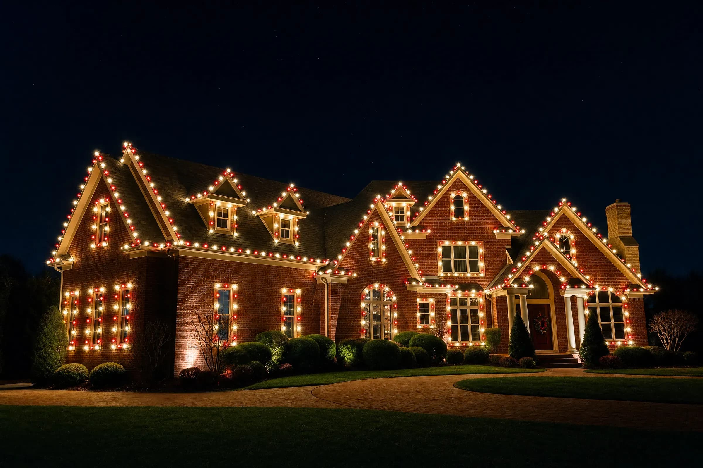 Brick home in Houston's Memorial area with red and white roofline Christmas lights at night