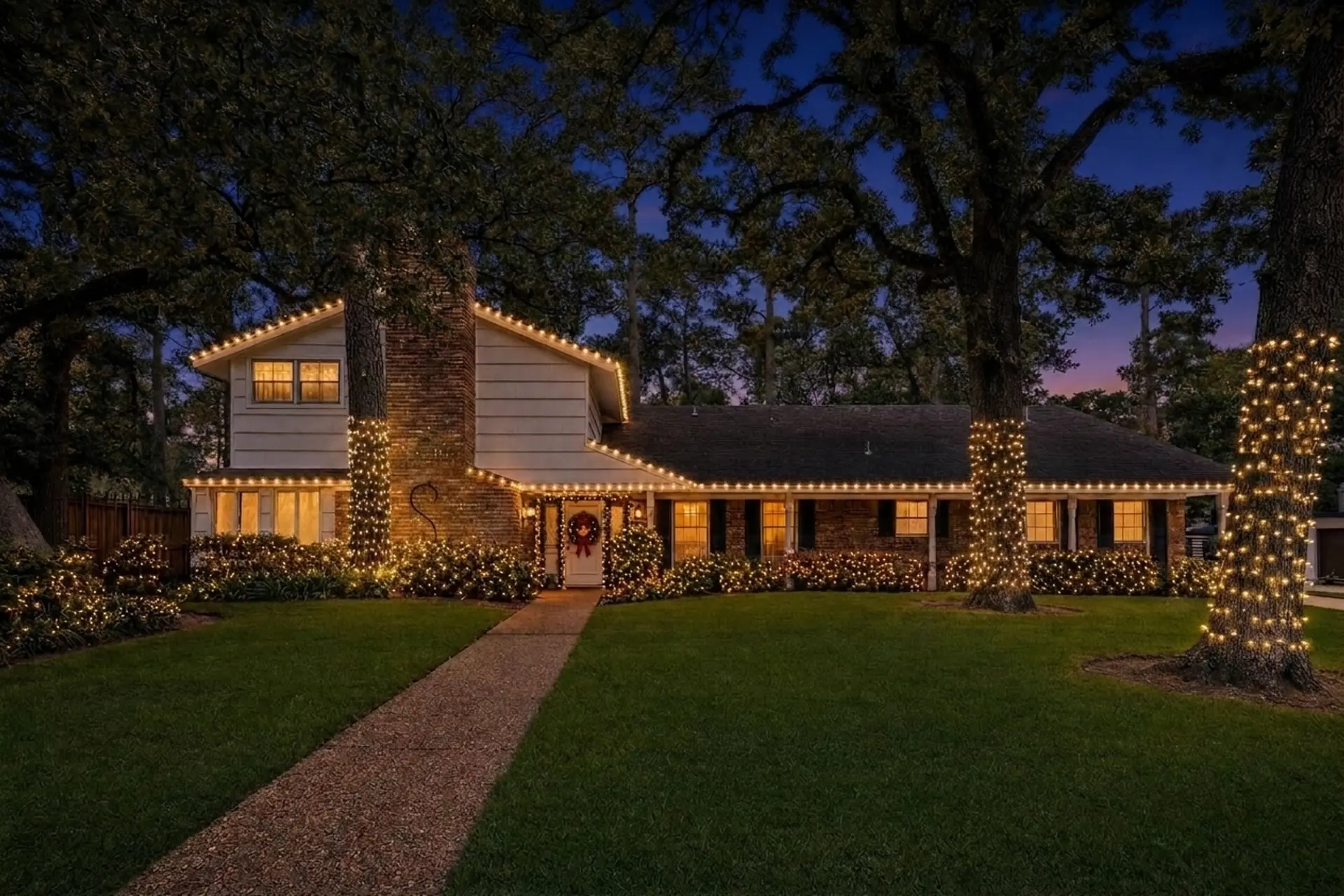 Professional Christmas lights on a home in Houston's Memorial area