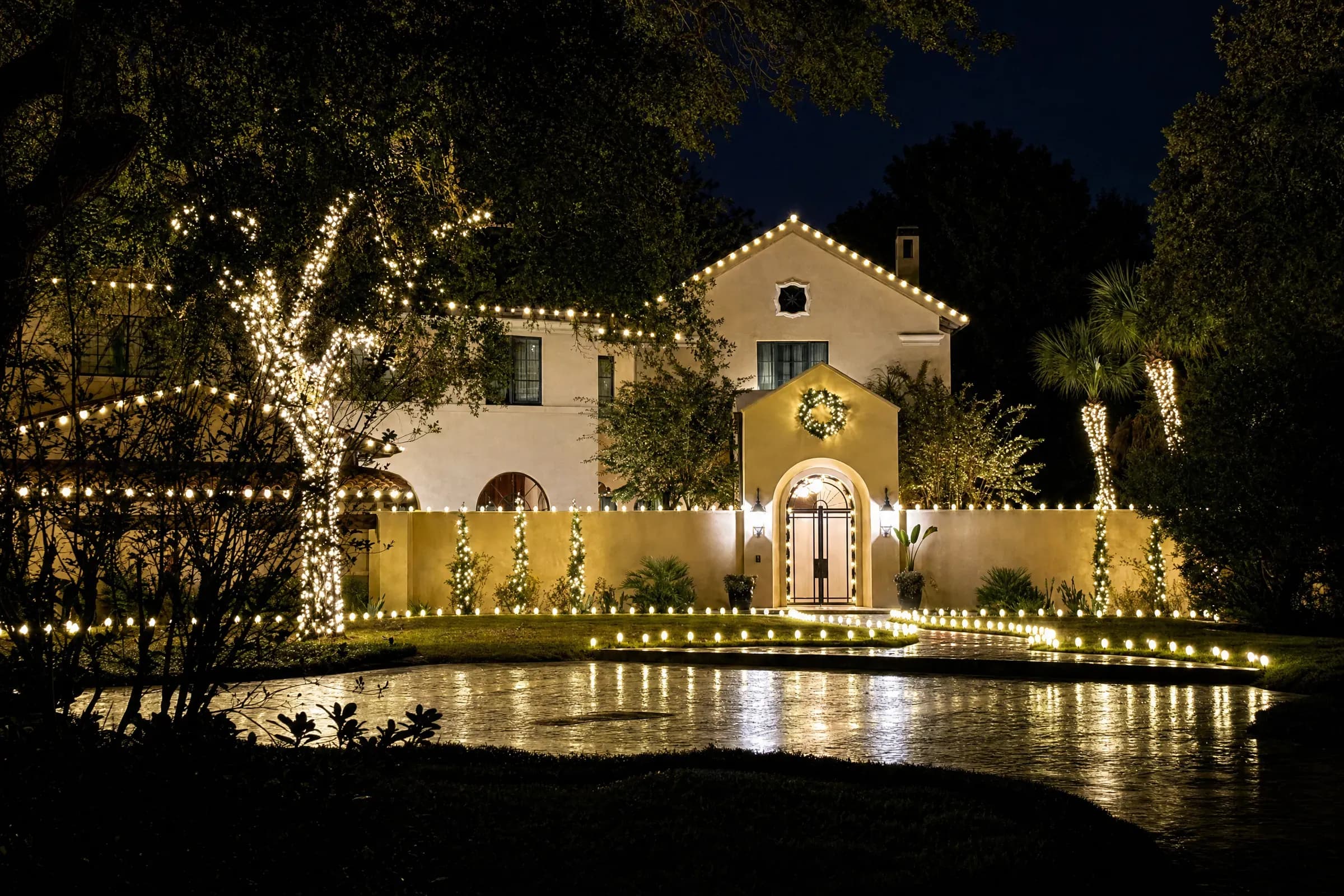 Warm-white roofline Christmas lights on a Spanish-style home in Tanglewood, Houston