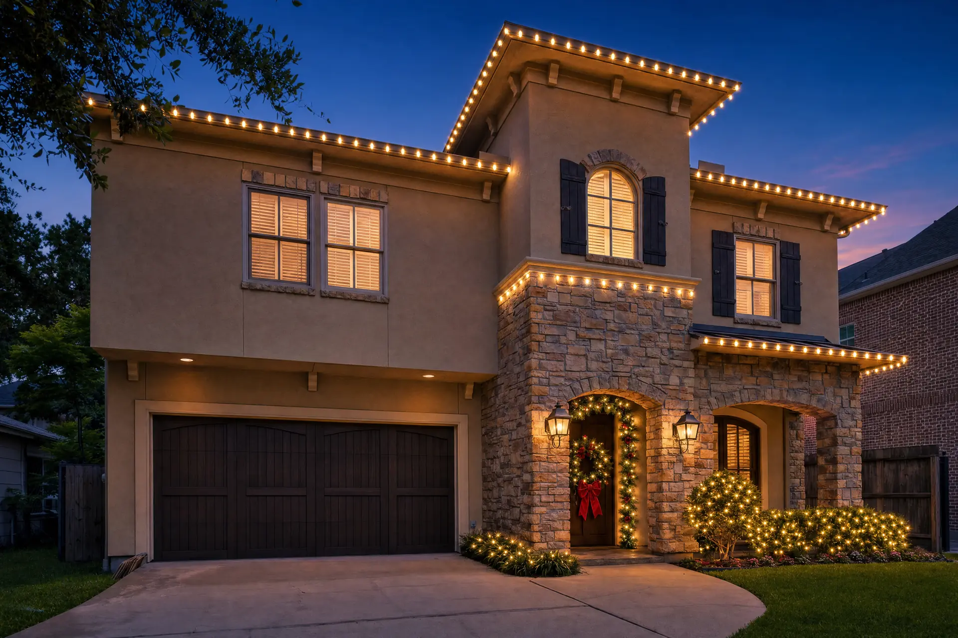 Professional Christmas lights on a home in West University Place, Houston