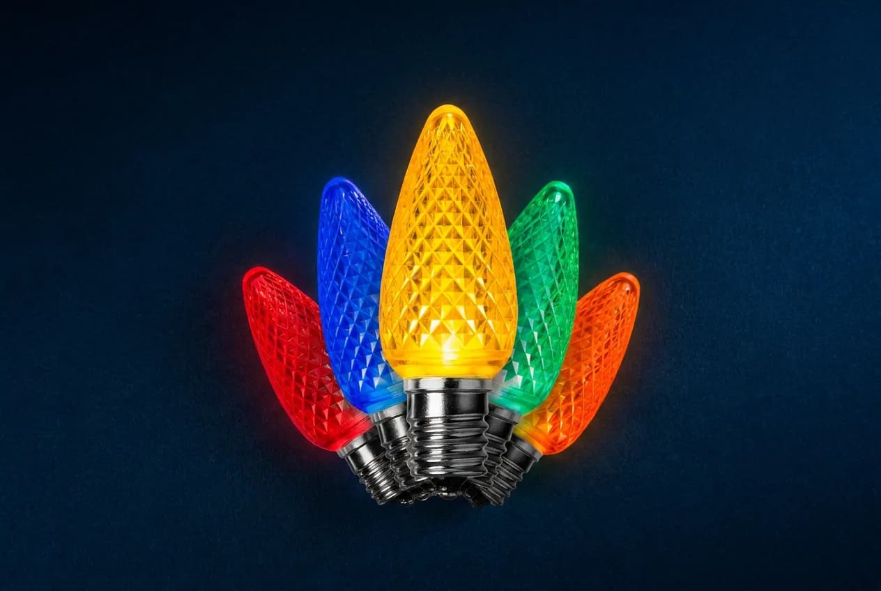 Faceted multicolor C9 LED Christmas light bulbs used by Top Tier Lights