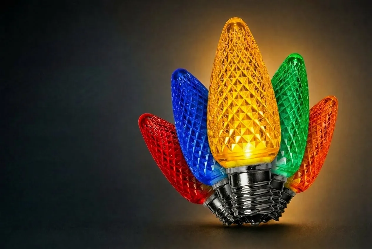 Faceted multicolor C9 LED Christmas light bulbs used by Top Tier Lights
