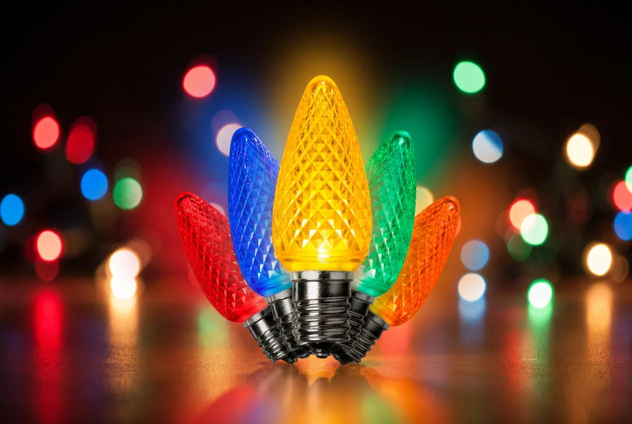Faceted multicolor C9 LED Christmas light bulbs used by Top Tier Lights