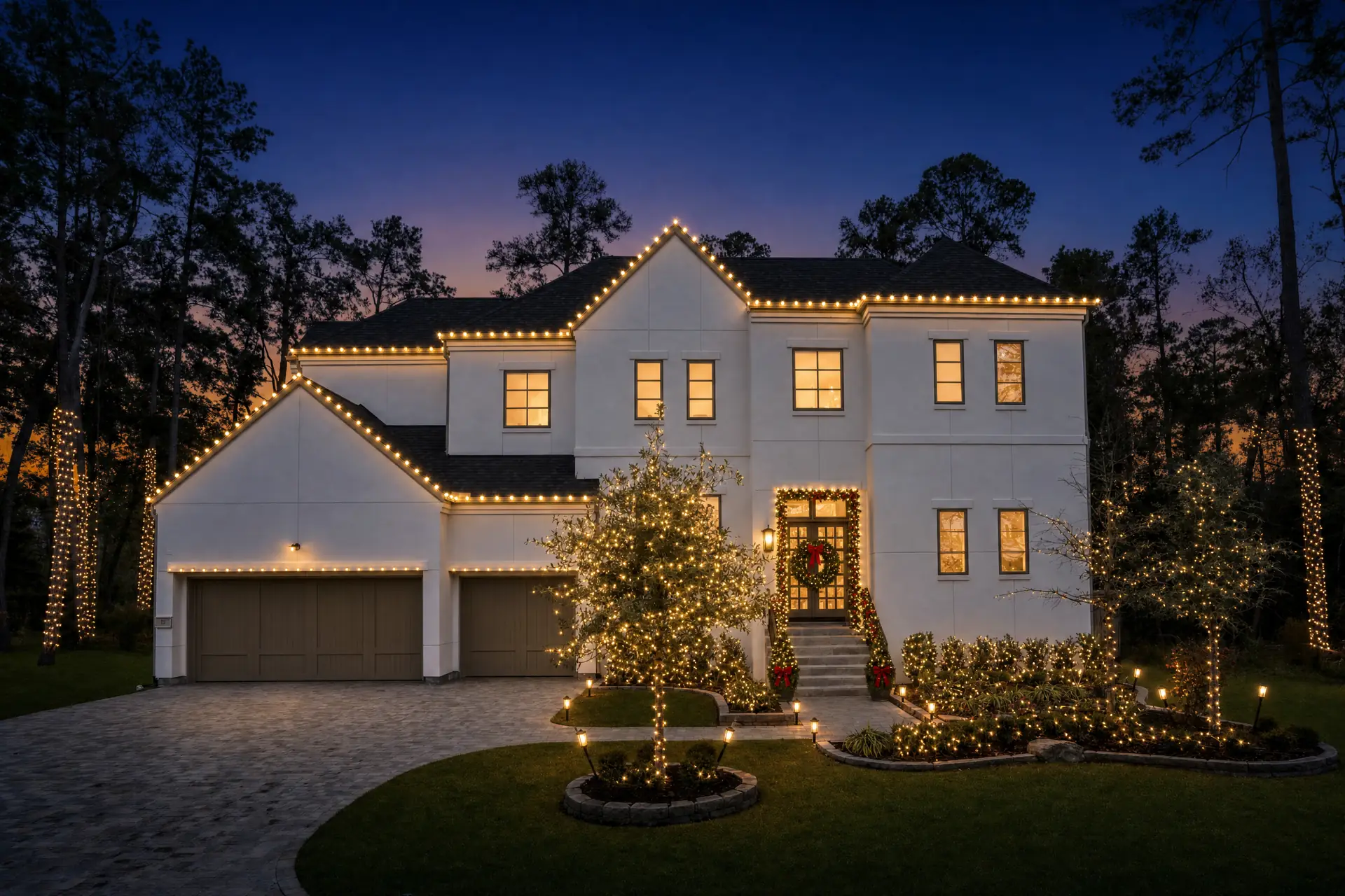 White modern-farmhouse home with warm-white Christmas lights and wrapped trees at twilight in The Woodlands, TX