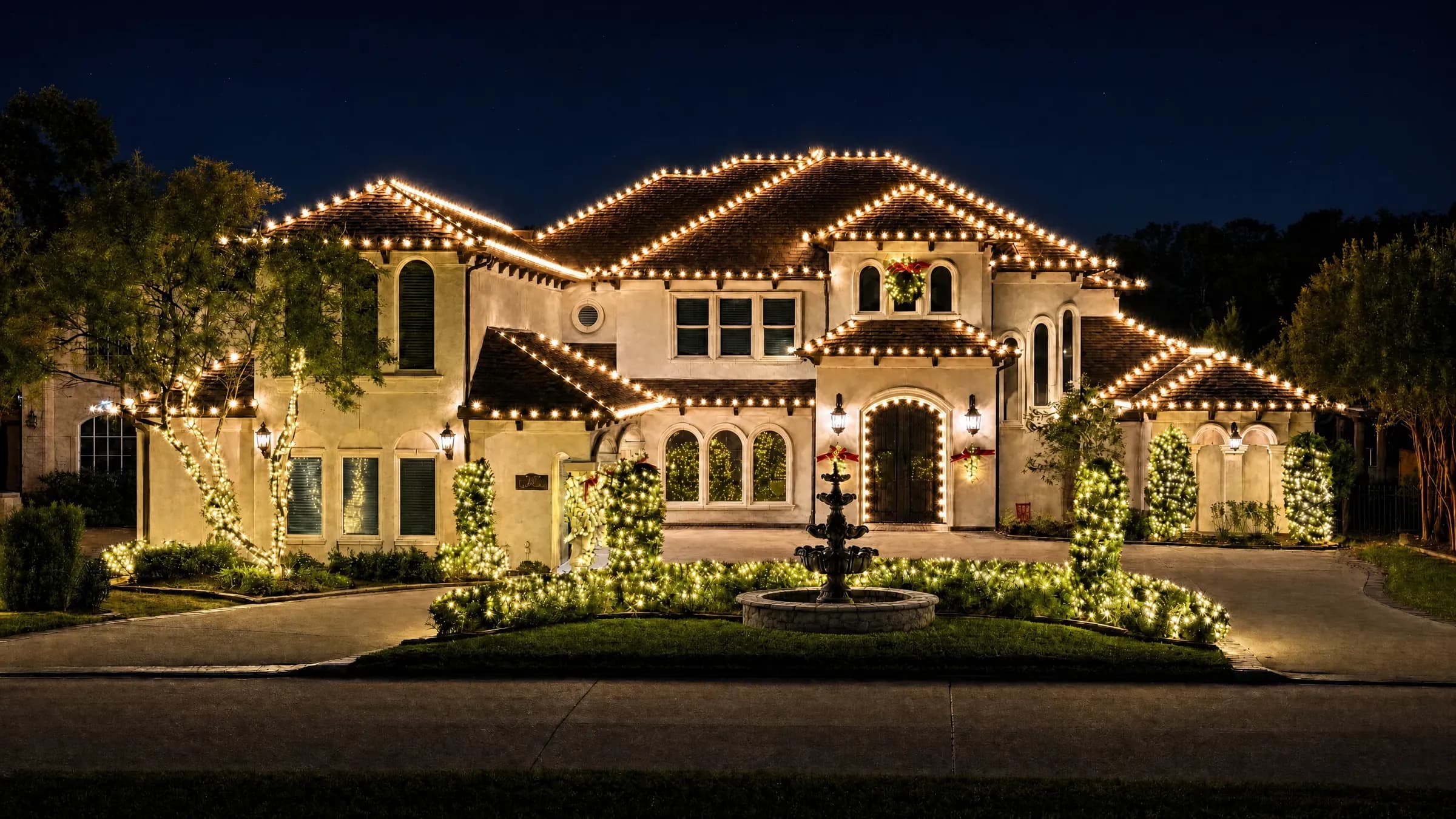Estate outlined in warm-white Christmas lights with lit landscaping in Conroe, TX