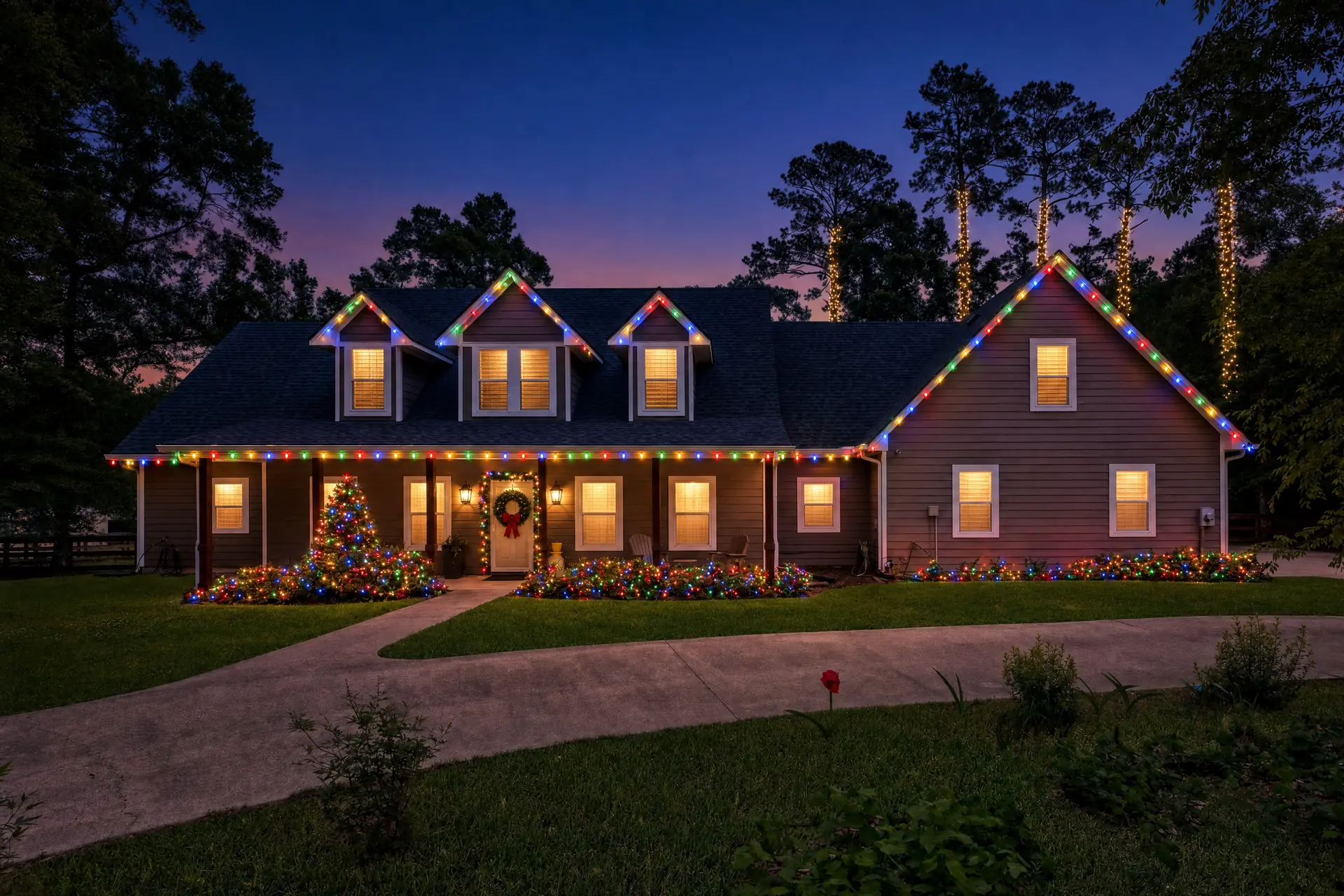 Professional Christmas lights on a home in Magnolia, TX
