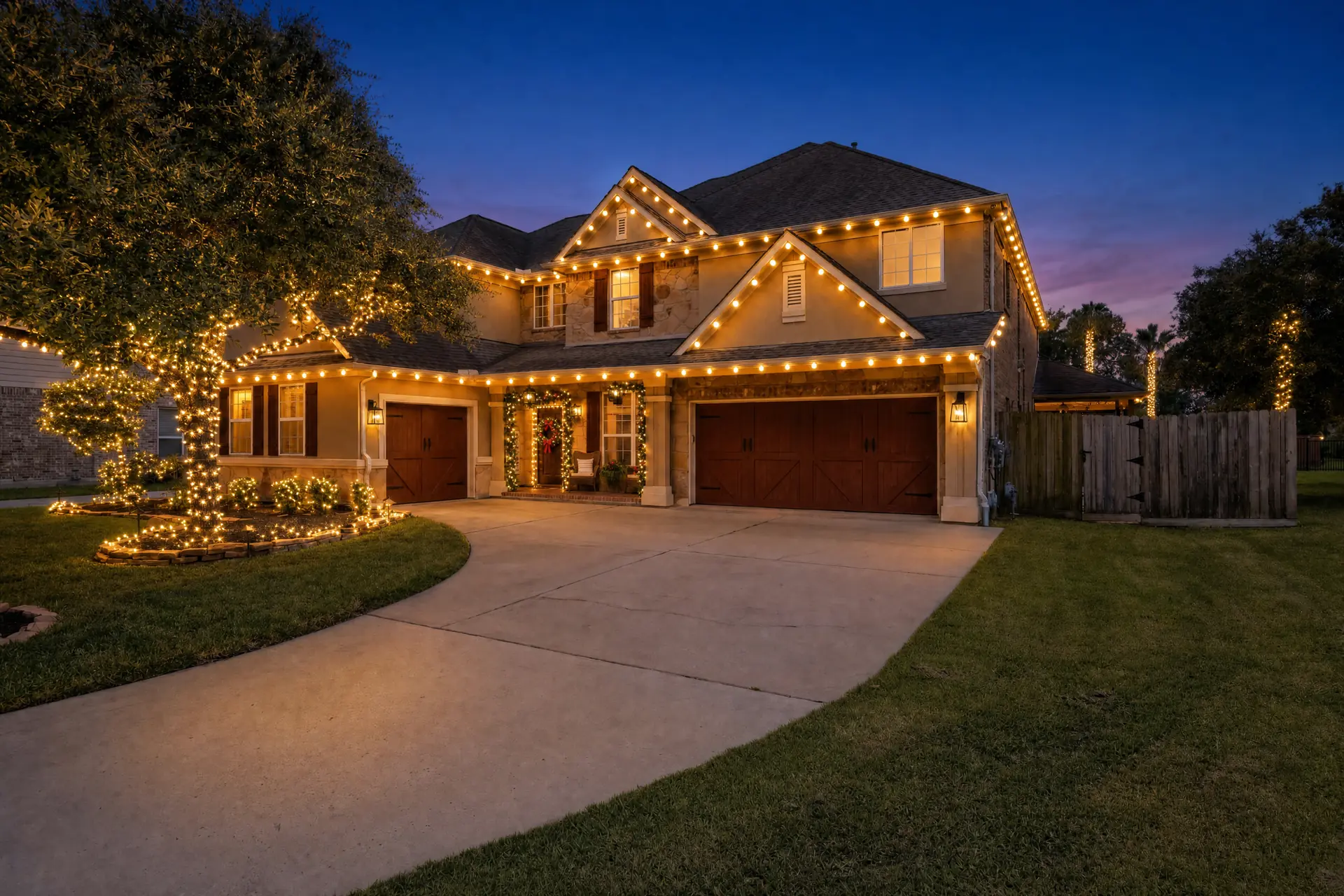 Professional Christmas lights glowing on a home in Montgomery, TX at night