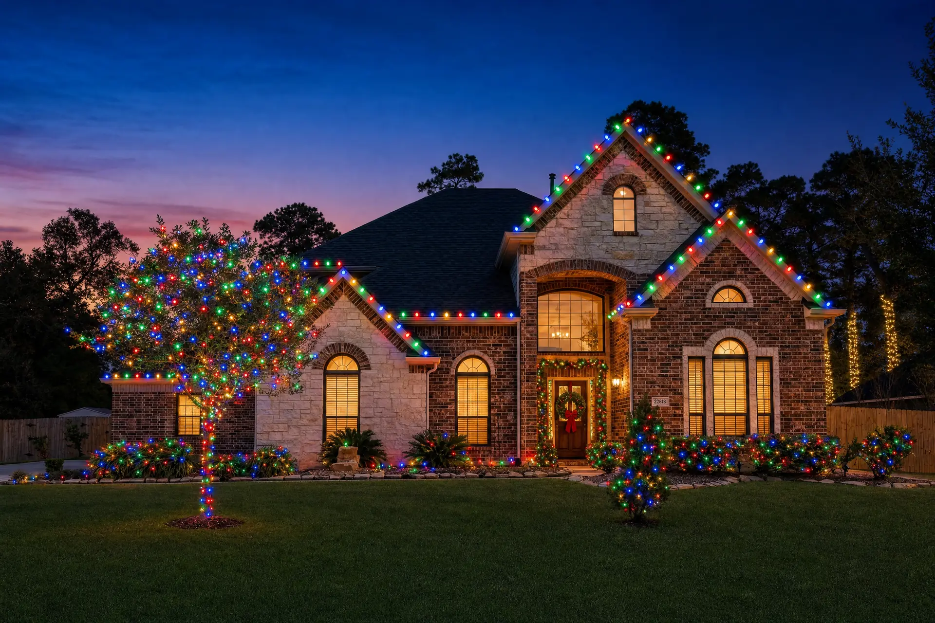 Professional Christmas lights on a home in Montgomery, TX