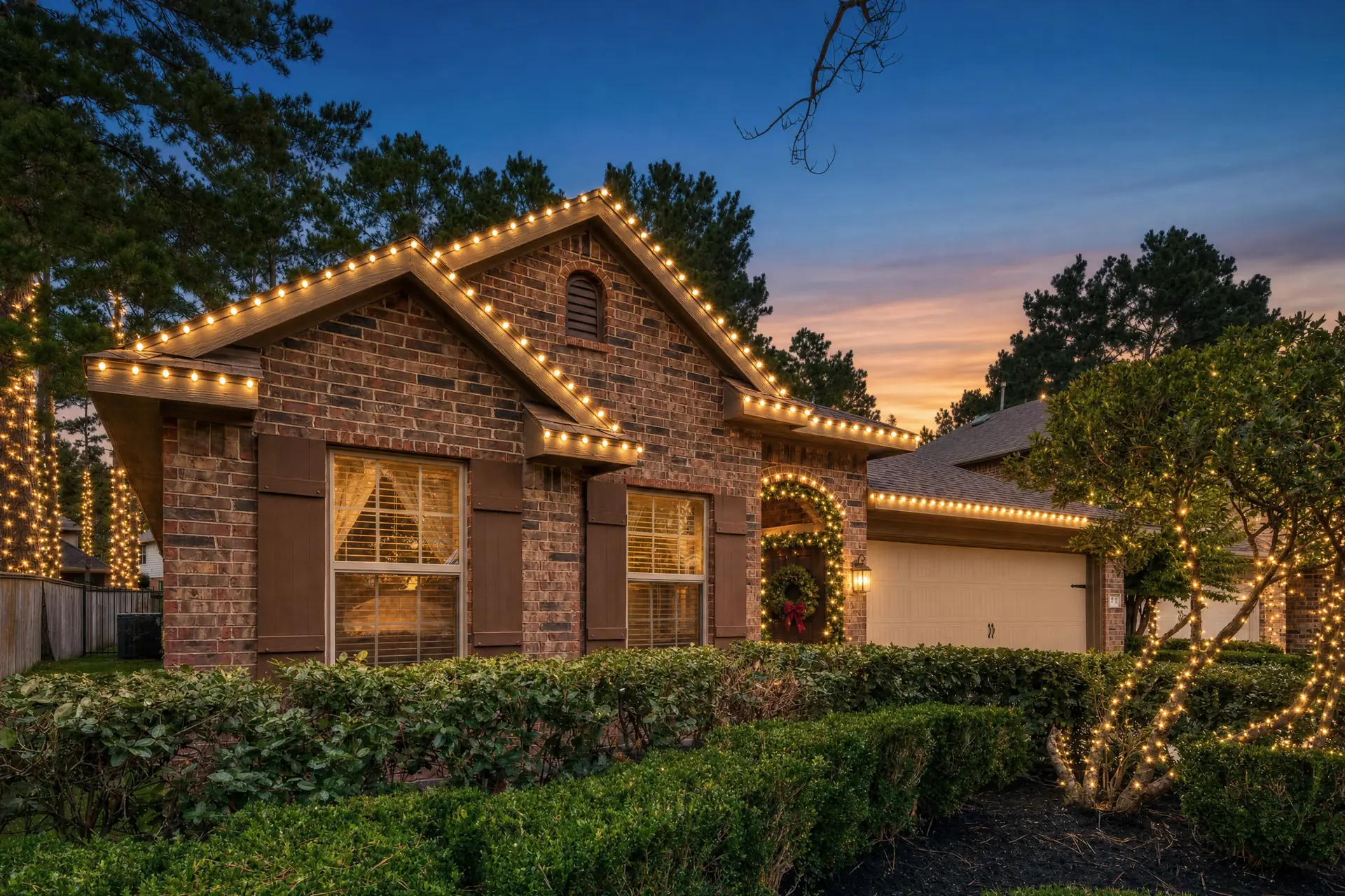Professional Christmas lights on a home in Spring, TX