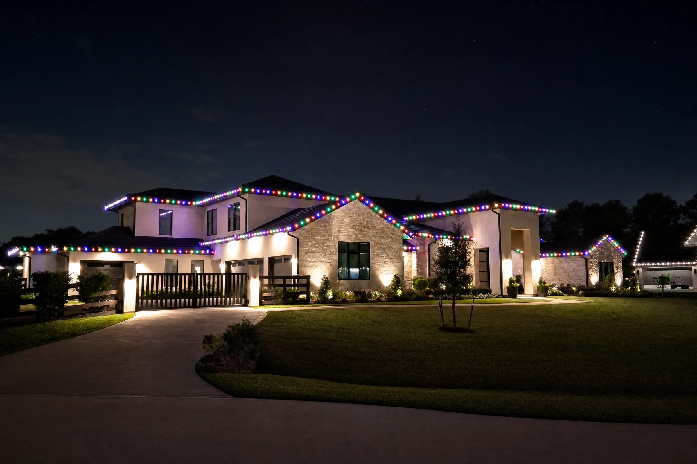 Multicolor Christmas lights on a modern stucco home in Tomball, TX