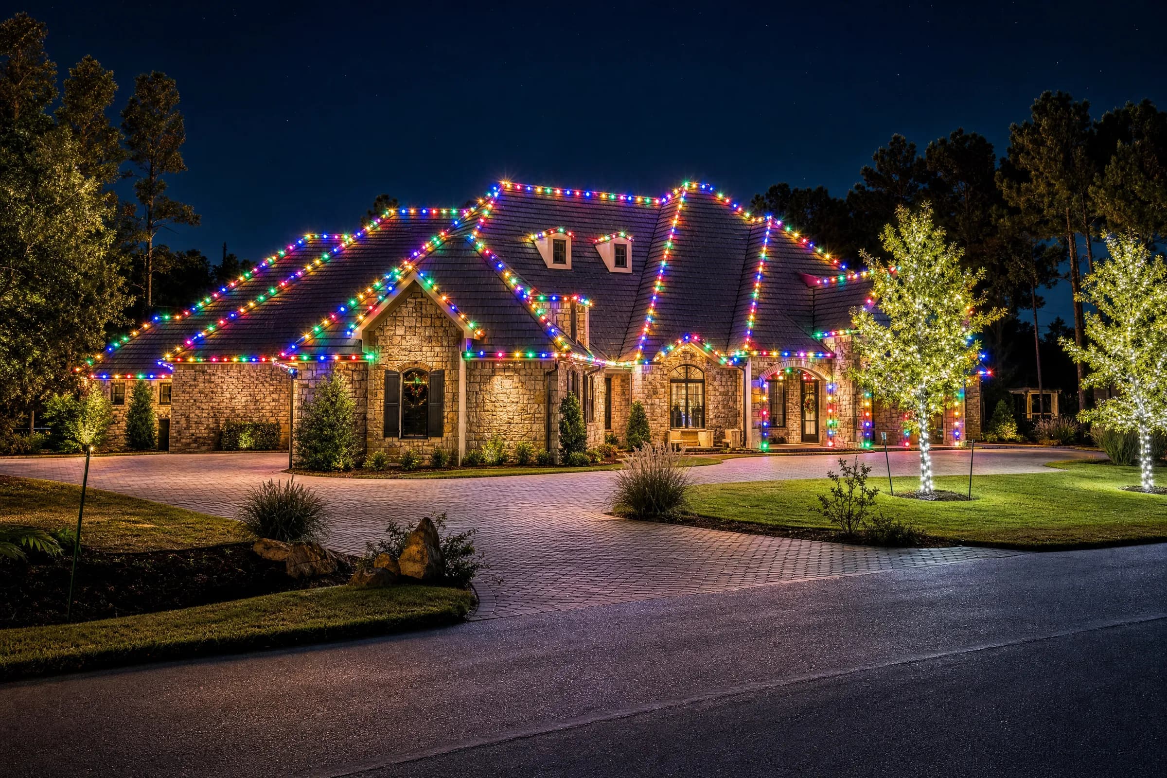 Professional Christmas lights on a home in Tomball, TX