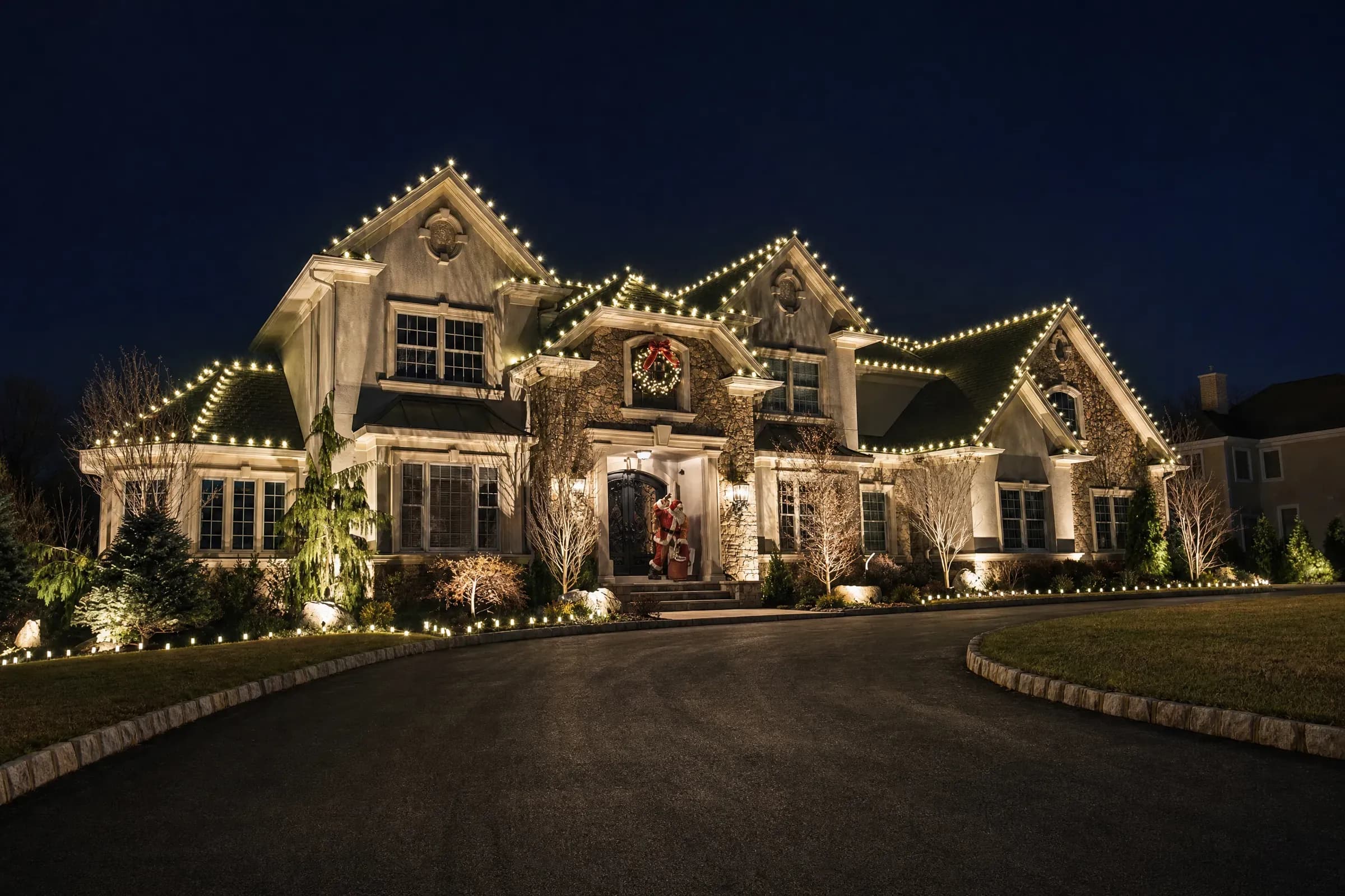 Warm-white Christmas lights with a wreath and lit walkways on a brick and stone home in The Woodlands, TX