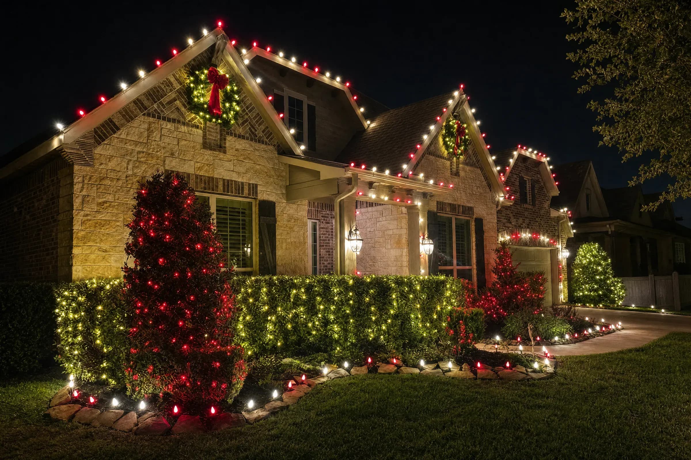 Stone home in Kingwood, TX with red and white roofline Christmas lights, wreaths and lit shrubs at night