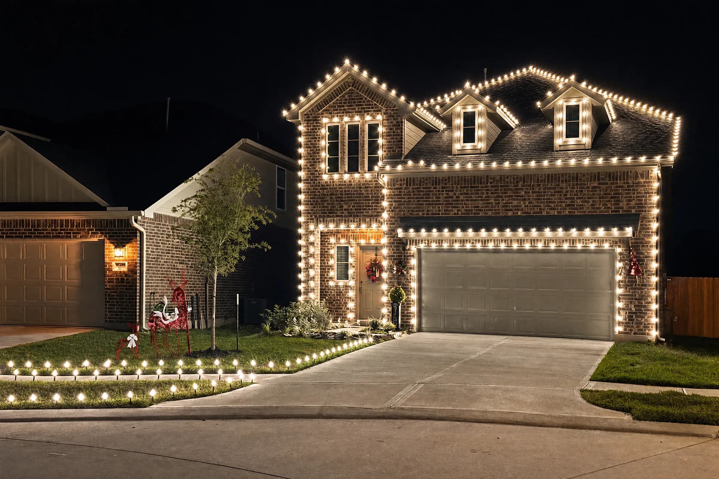 Professional Christmas lights glowing on a home in Atascocita, TX at night