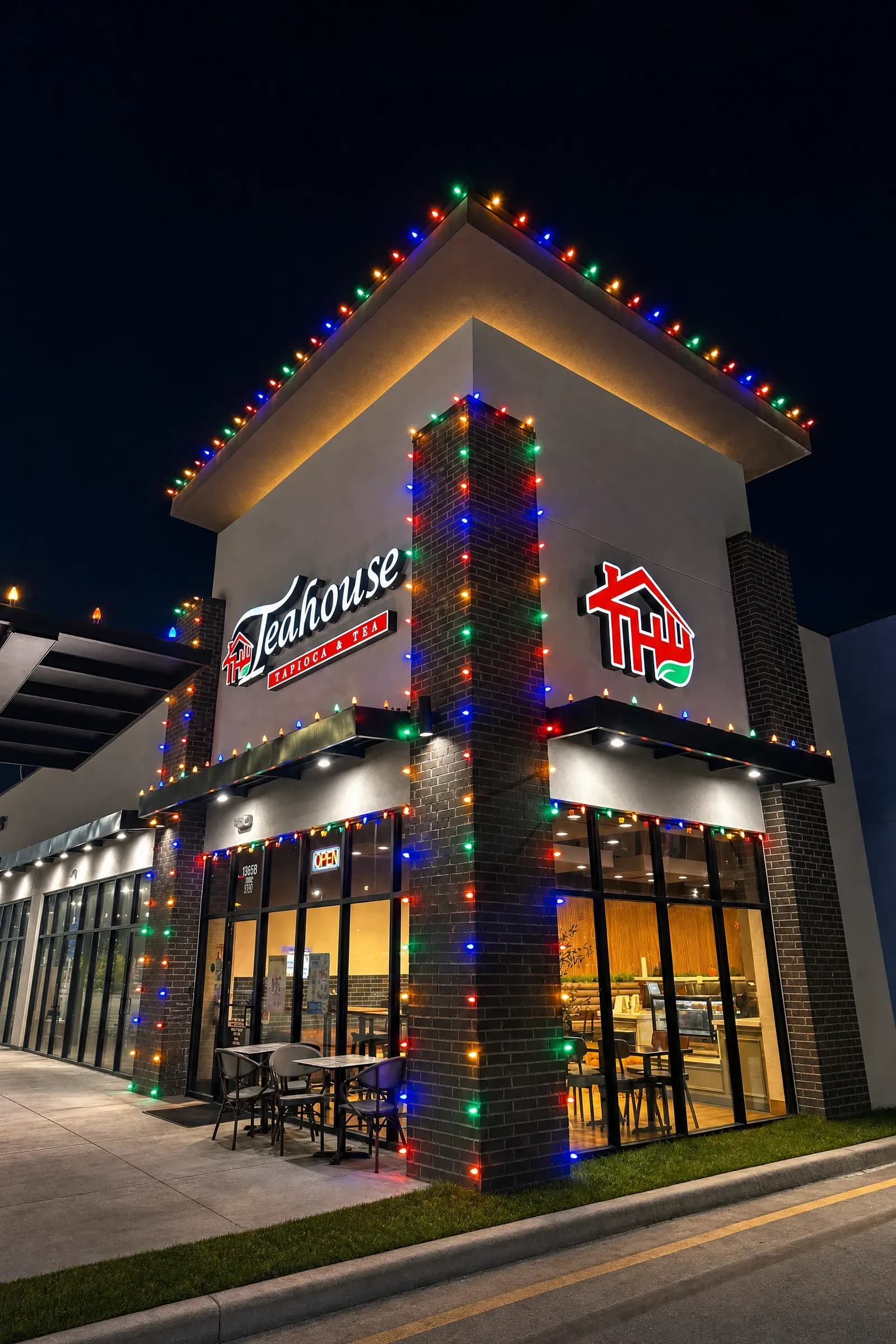 Multicolor holiday lights on a commercial business in Kingwood, TX