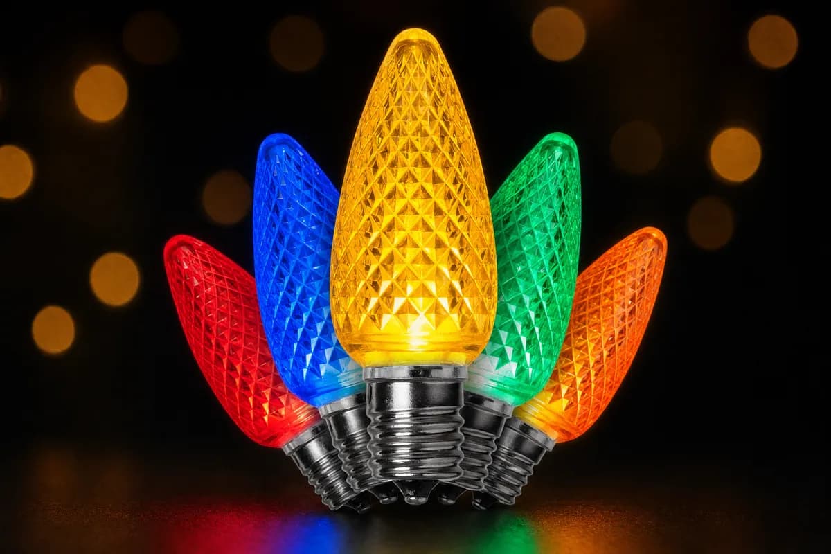 Colorful professional-grade faceted C9 LED Christmas light bulbs