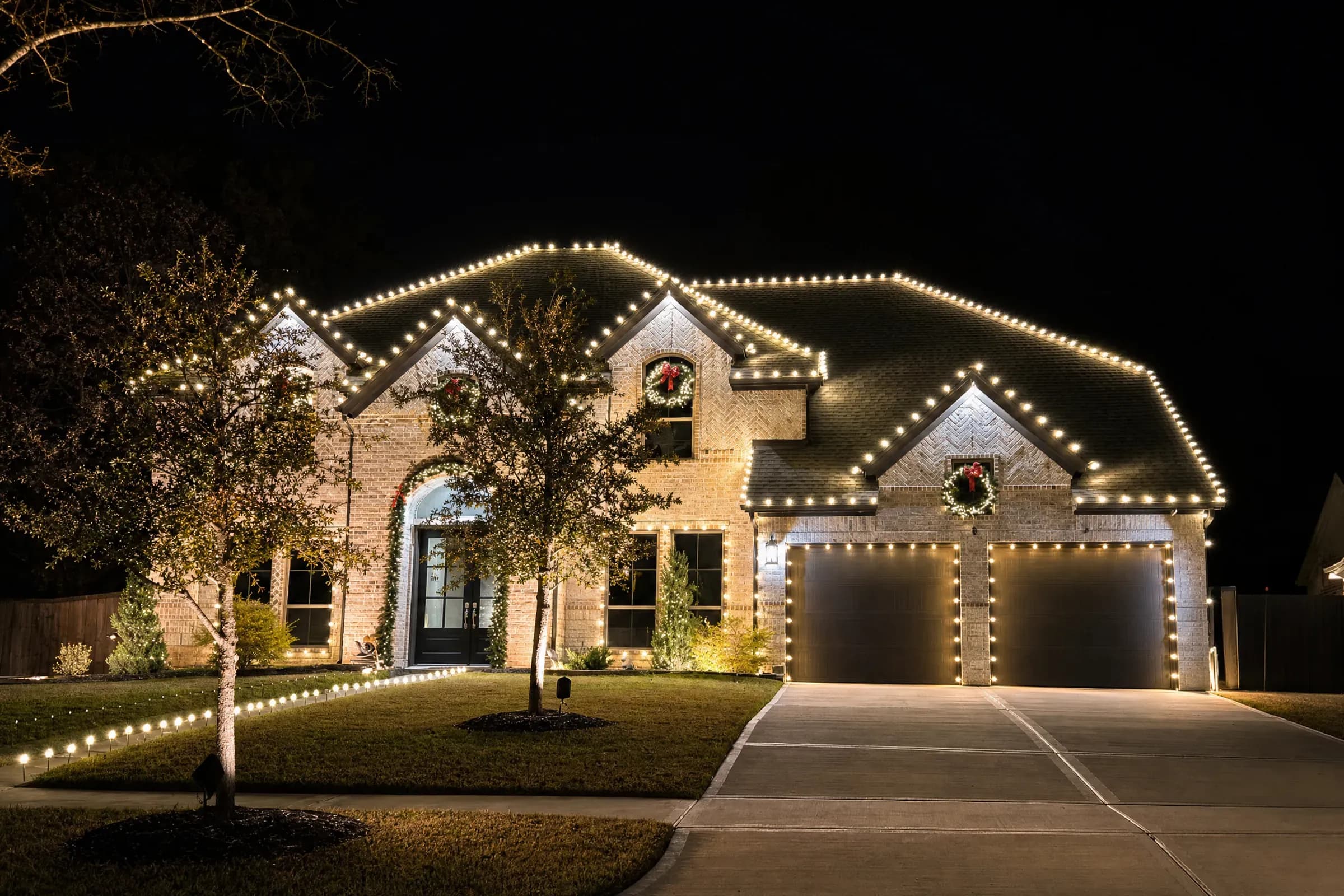 Warm-white holiday lights and wrapped trees on a two-story home in Cypress, TX