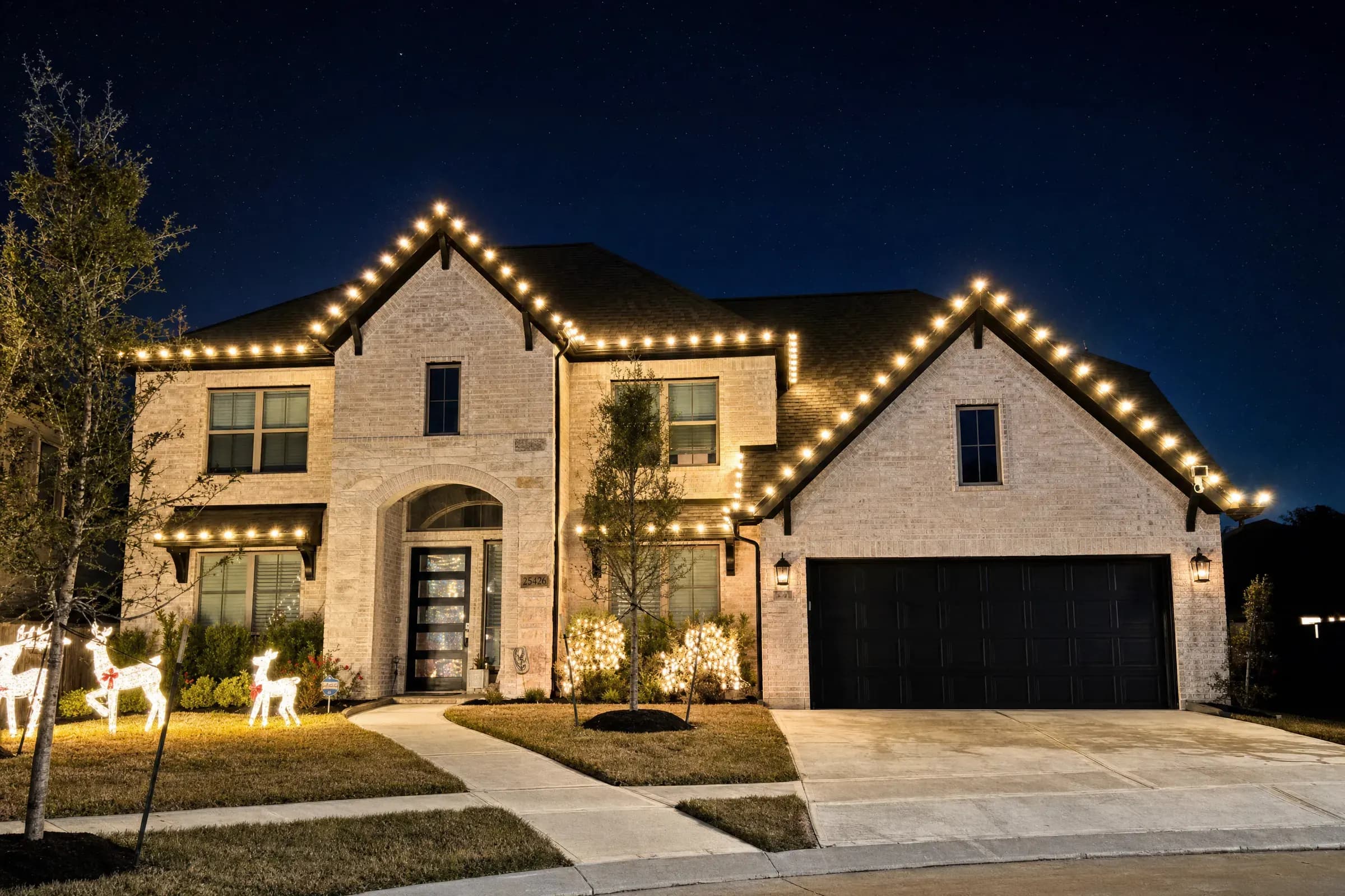 Elegant warm-white Christmas lights with lit reindeer on a brick home in Cypress, TX