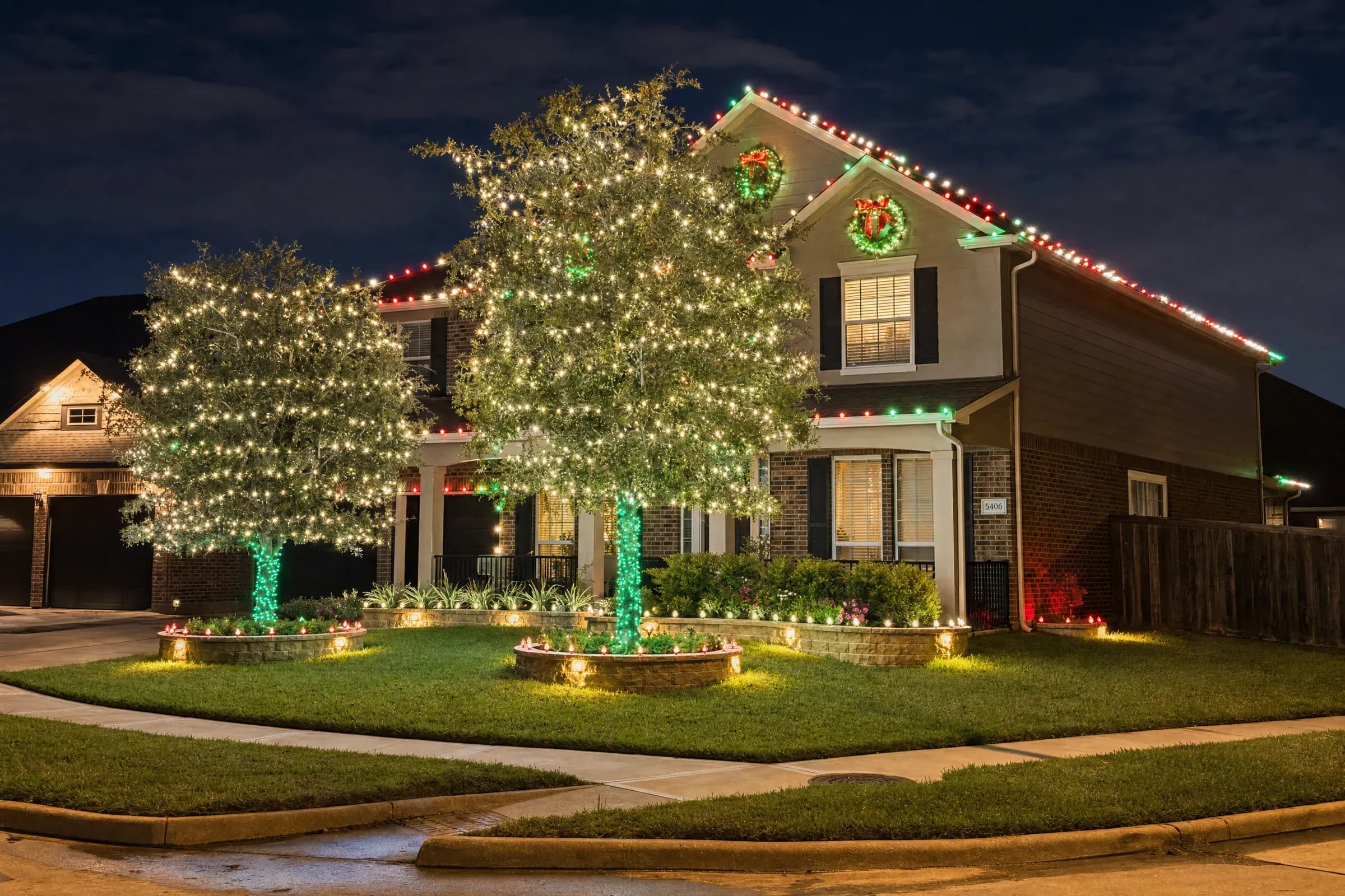 Multicolor Christmas lights with wrapped trees on a home in Cypress, TX