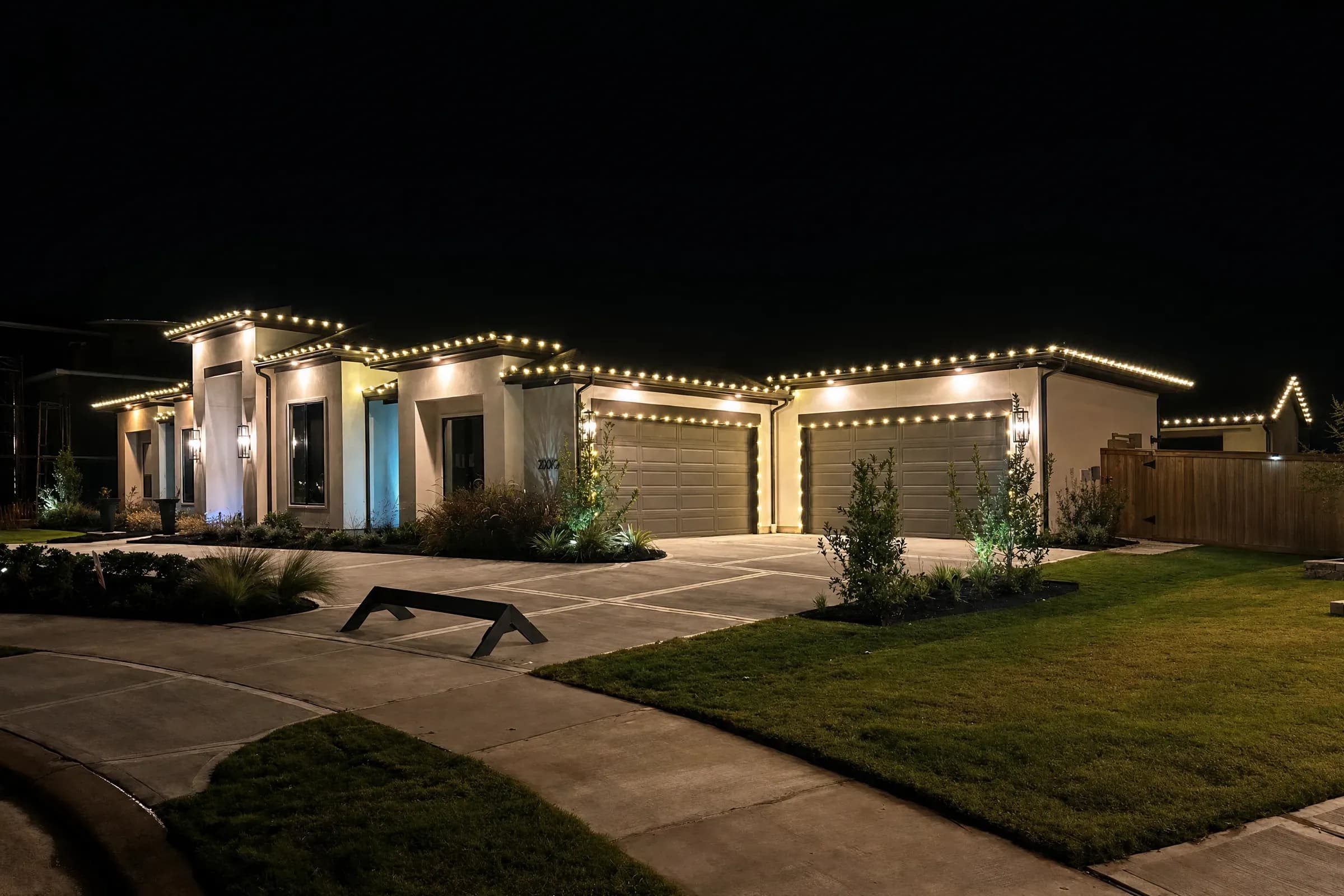 Modern home in Cypress, TX with warm-white roofline Christmas lights glowing at night