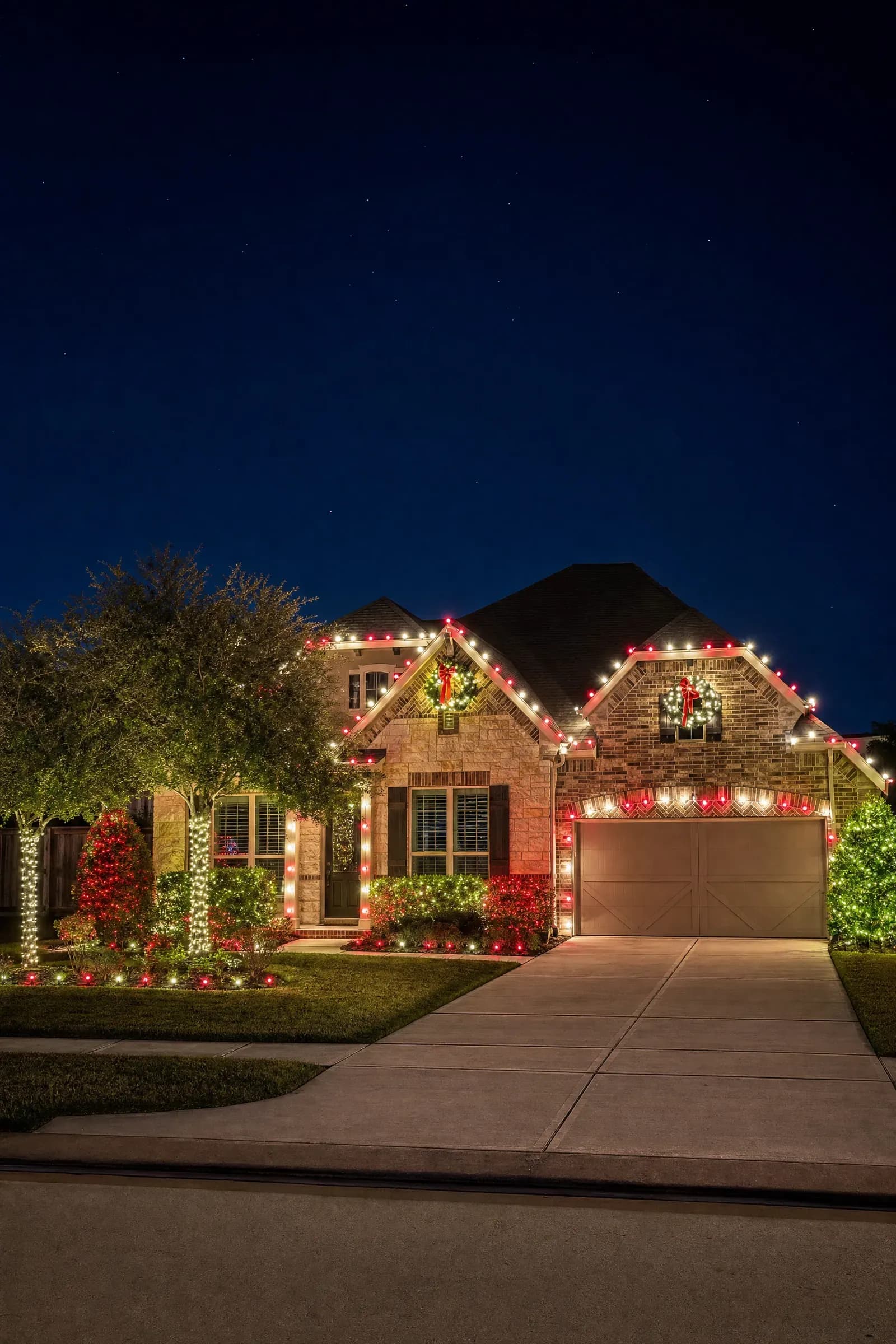Professional Christmas lights on a home in Bridgeland, Cypress