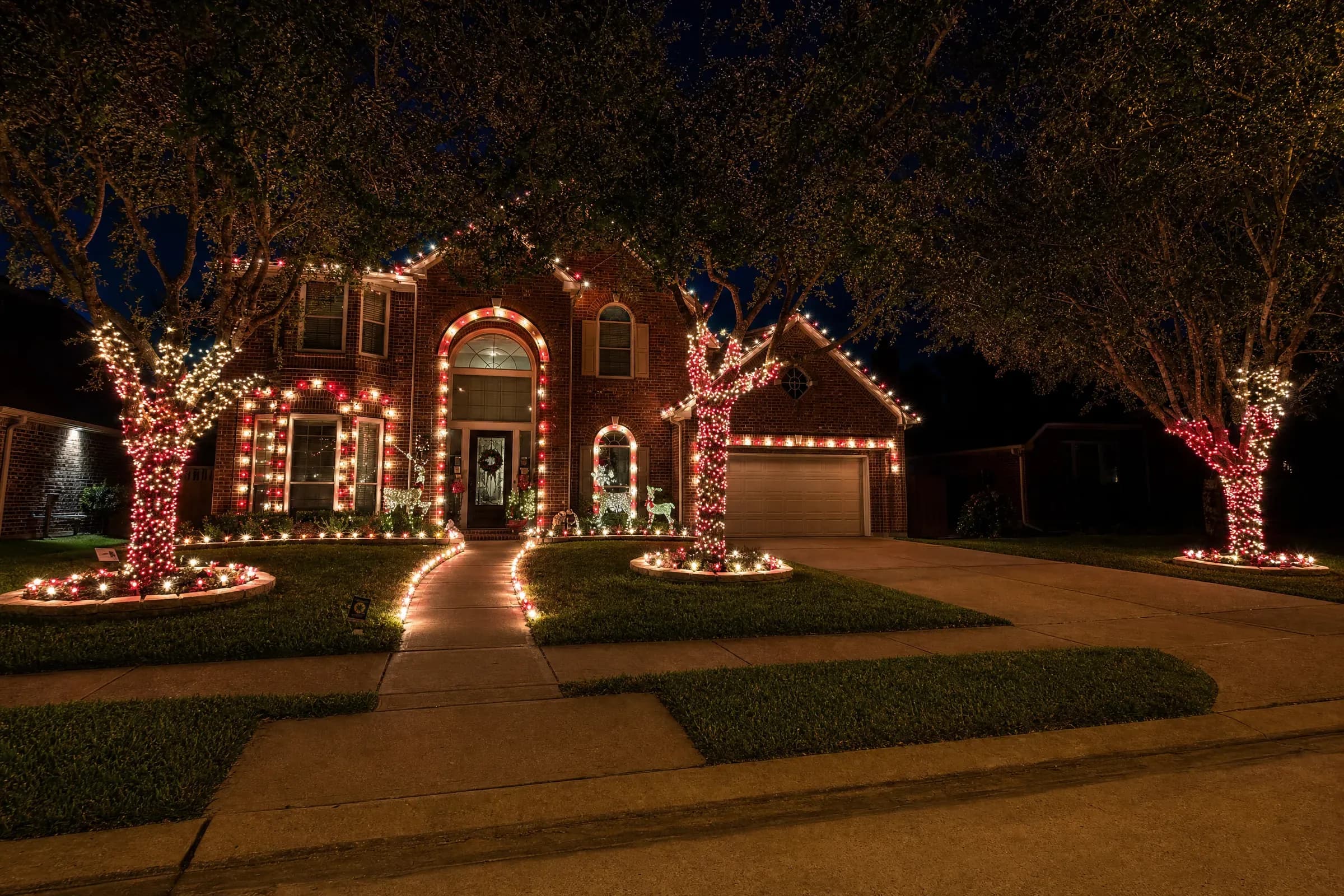 Red and white Christmas lights with wrapped trees and a lit walkway on a Katy, TX home