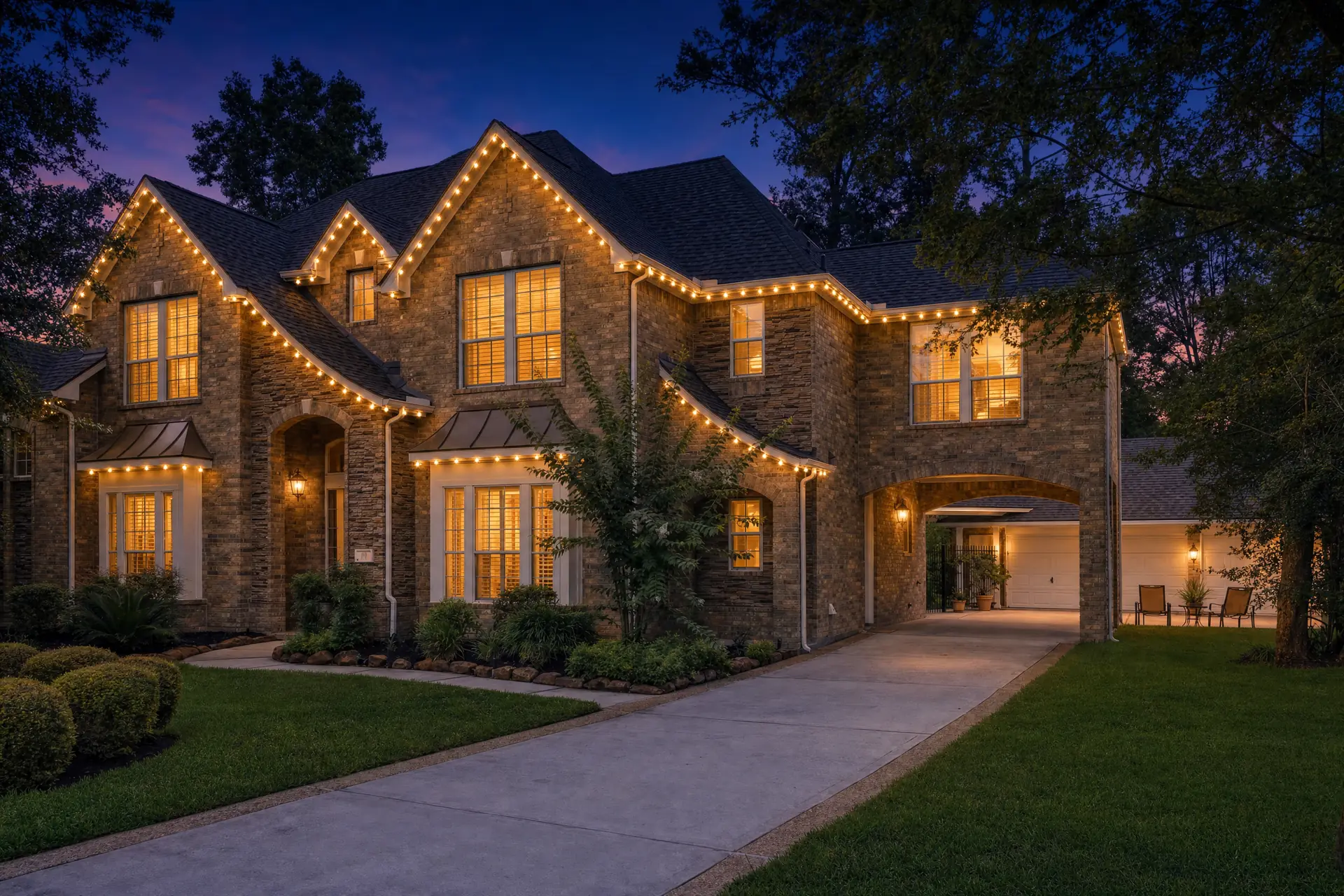 Two-story stone home in Katy, TX outlined in warm-white roofline Christmas lights, glowing at twilight
